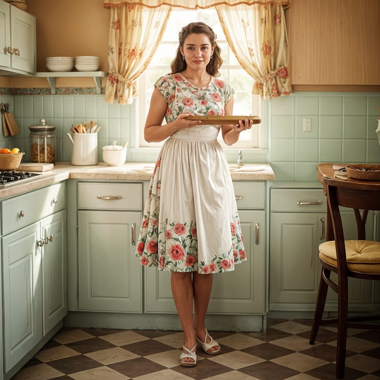 1950s Woman Preparing Dinner in Kitchen