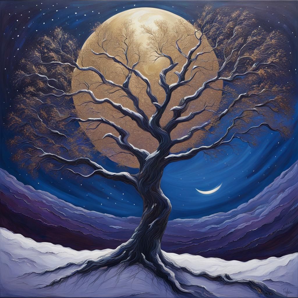 Ancient Tree Under Moonlight in Impasto Gouache Style