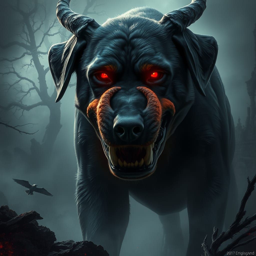 Rottweiler Demon in Dark Fantasy Landscape