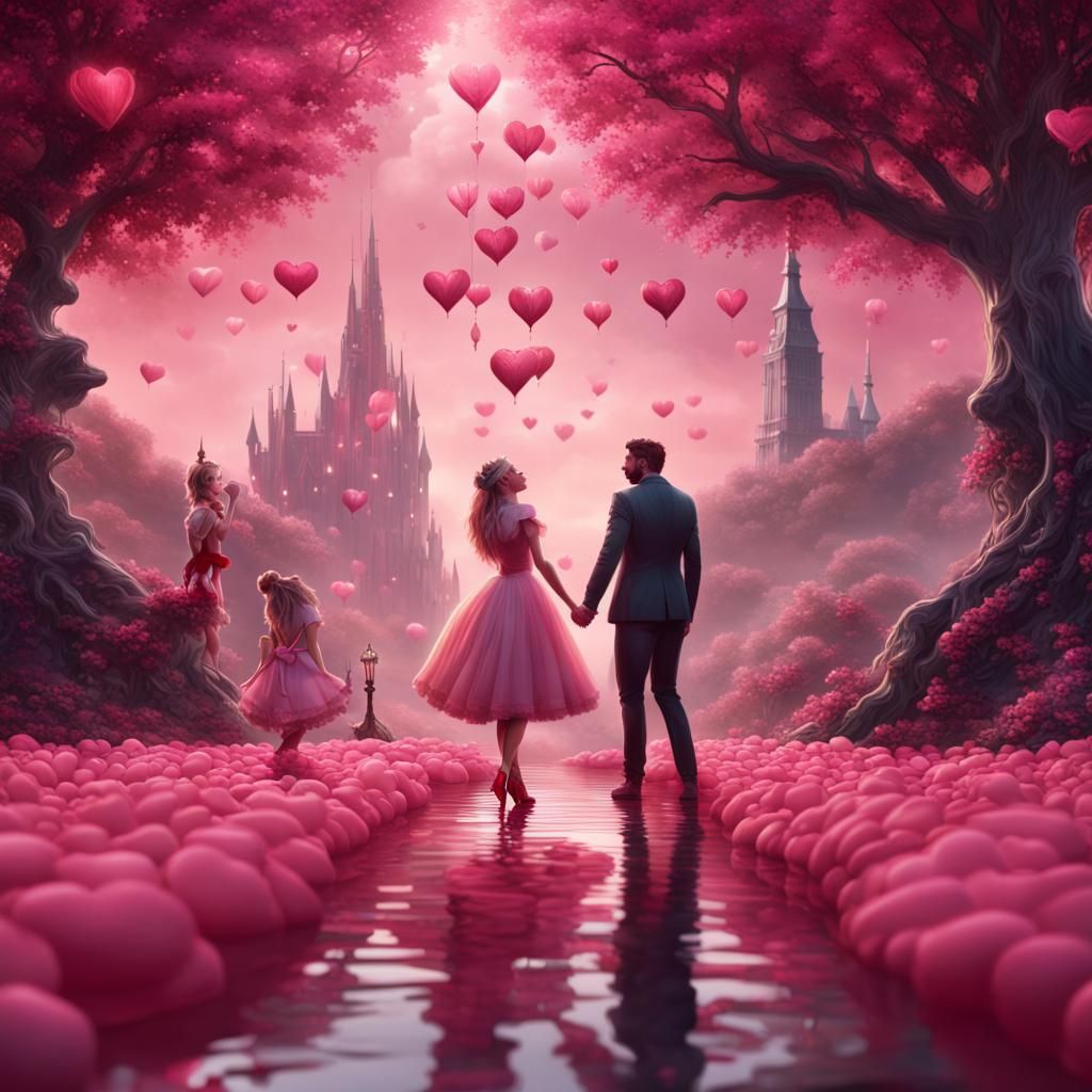 Romantic Valentine Landscape with Floating Pink Shoes
