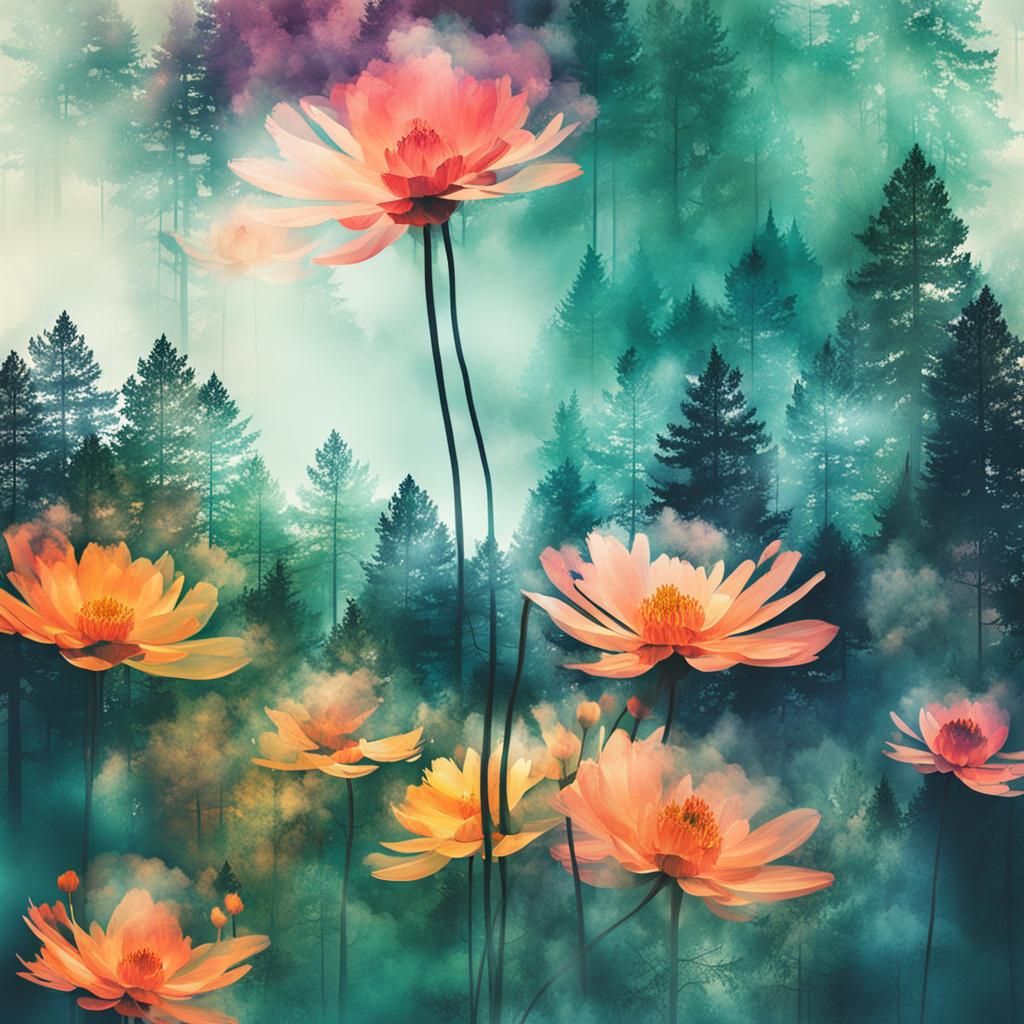 Double Exposure: Flower and Forest Abstract Art