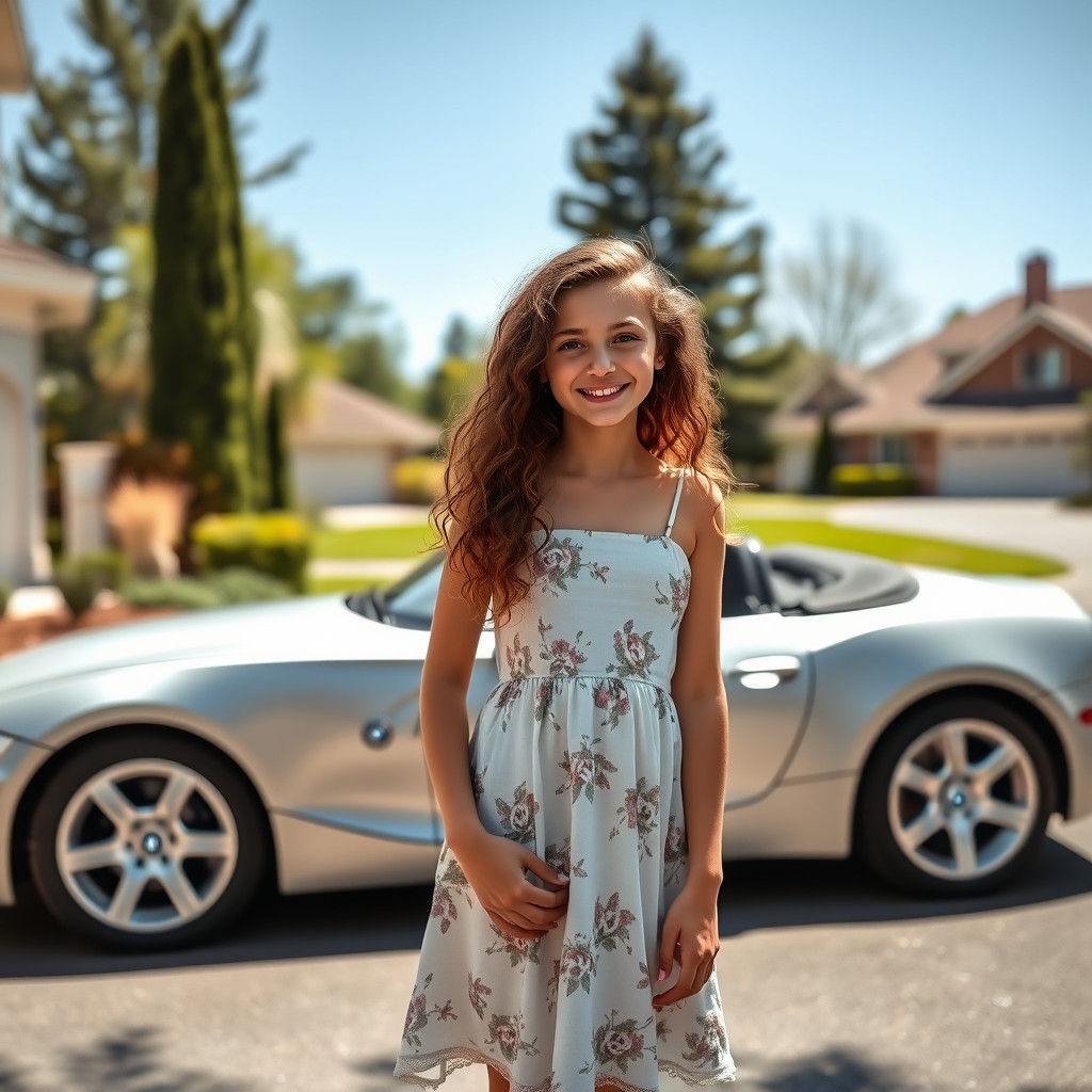 Girl and Her Silver BMW Z4, Sunny Portrait