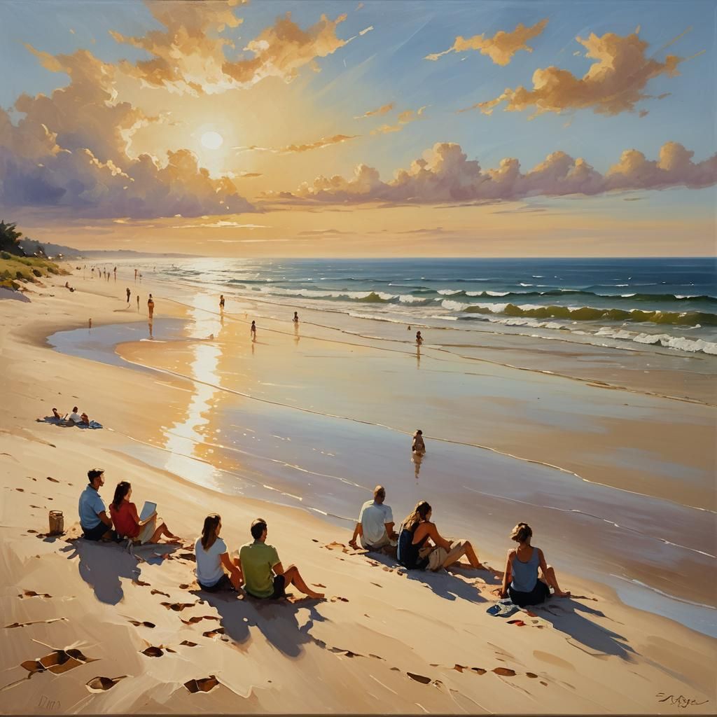 People Relaxing on Beach as Oil Painting
