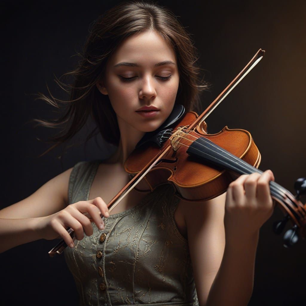 Portrait of Woman Playing Violin in Oil Painting Style