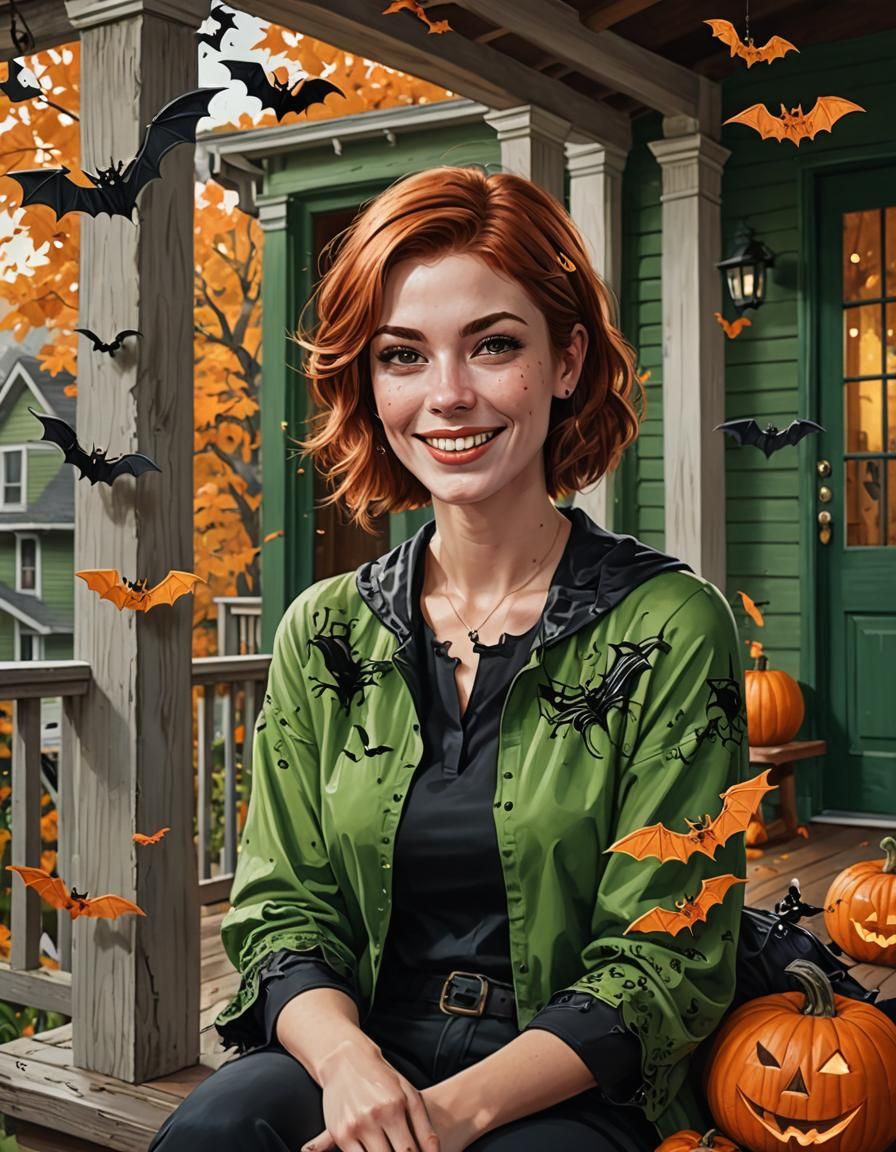 Smiling Woman on Halloween Decorated Porch