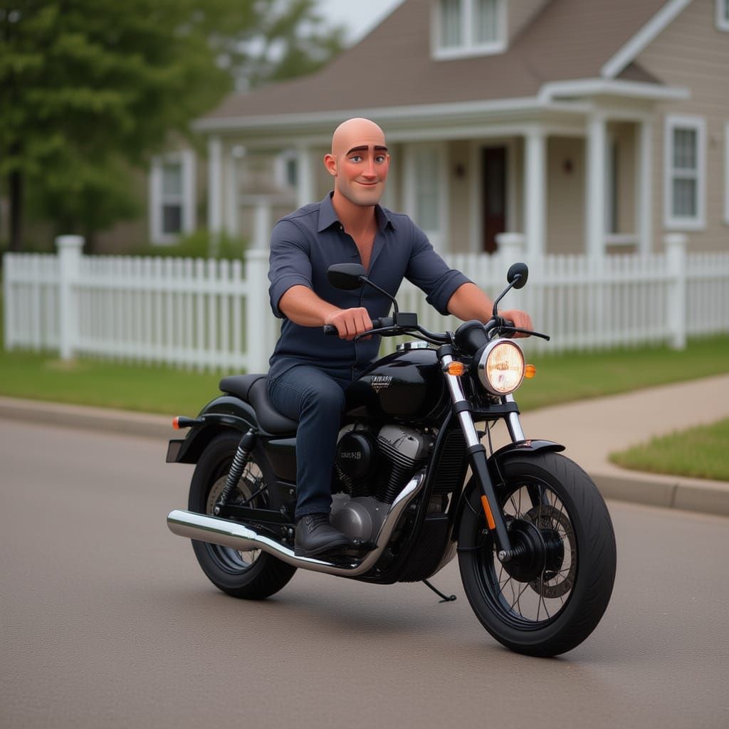 Confident Bald Man with Blue Eyes in Pixar Style