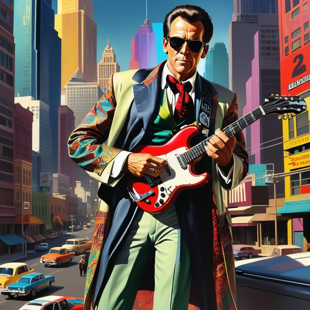 Heroic Guitarist in Comic Book Cityscape, Paxton Style