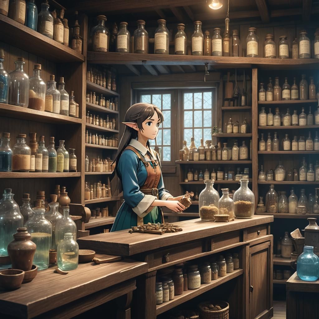 Anime Elf in Whimsical Apothecary Interior
