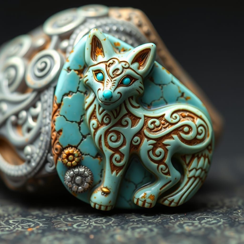 Turquoise Fox Amulet with Celtic Patterns