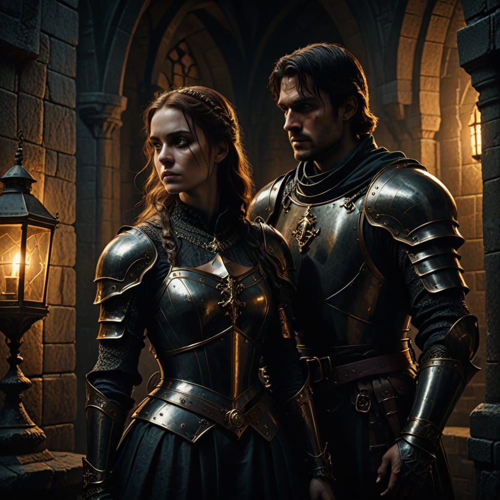 Knight and Lady in Dark Castle: Gothic Digital Art
