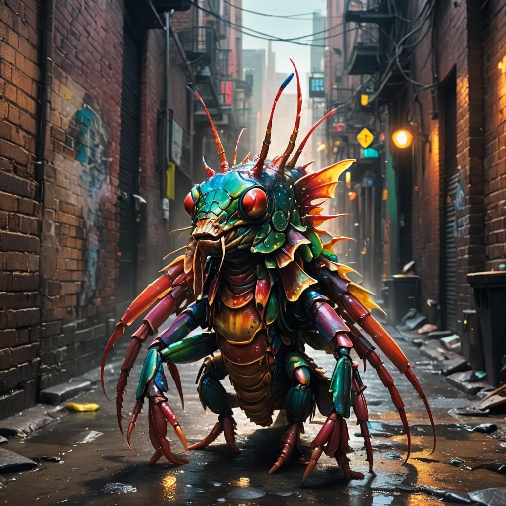 Menacing Mafia Mantis Shrimp in Hyperrealistic Style