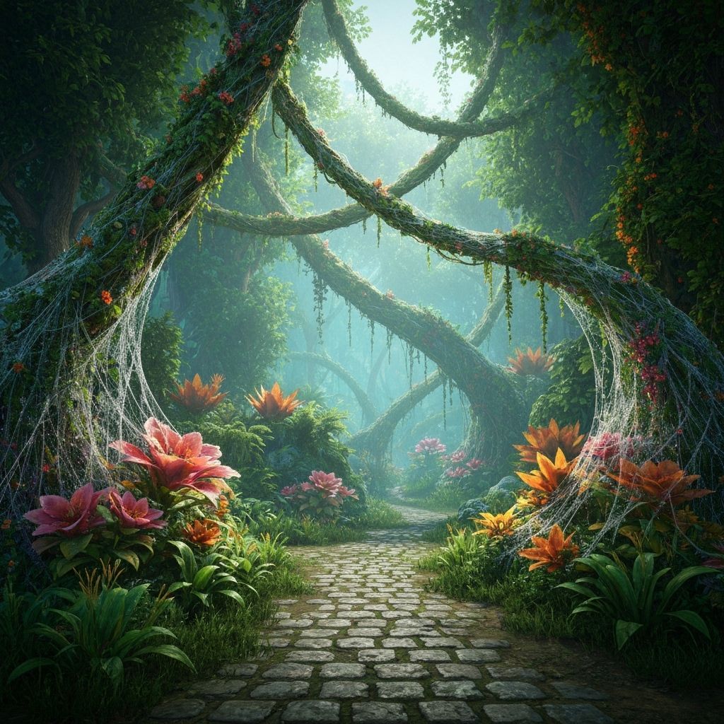 Ethereal Garden of Eden Woven with Dew-Kissed Spider Silk