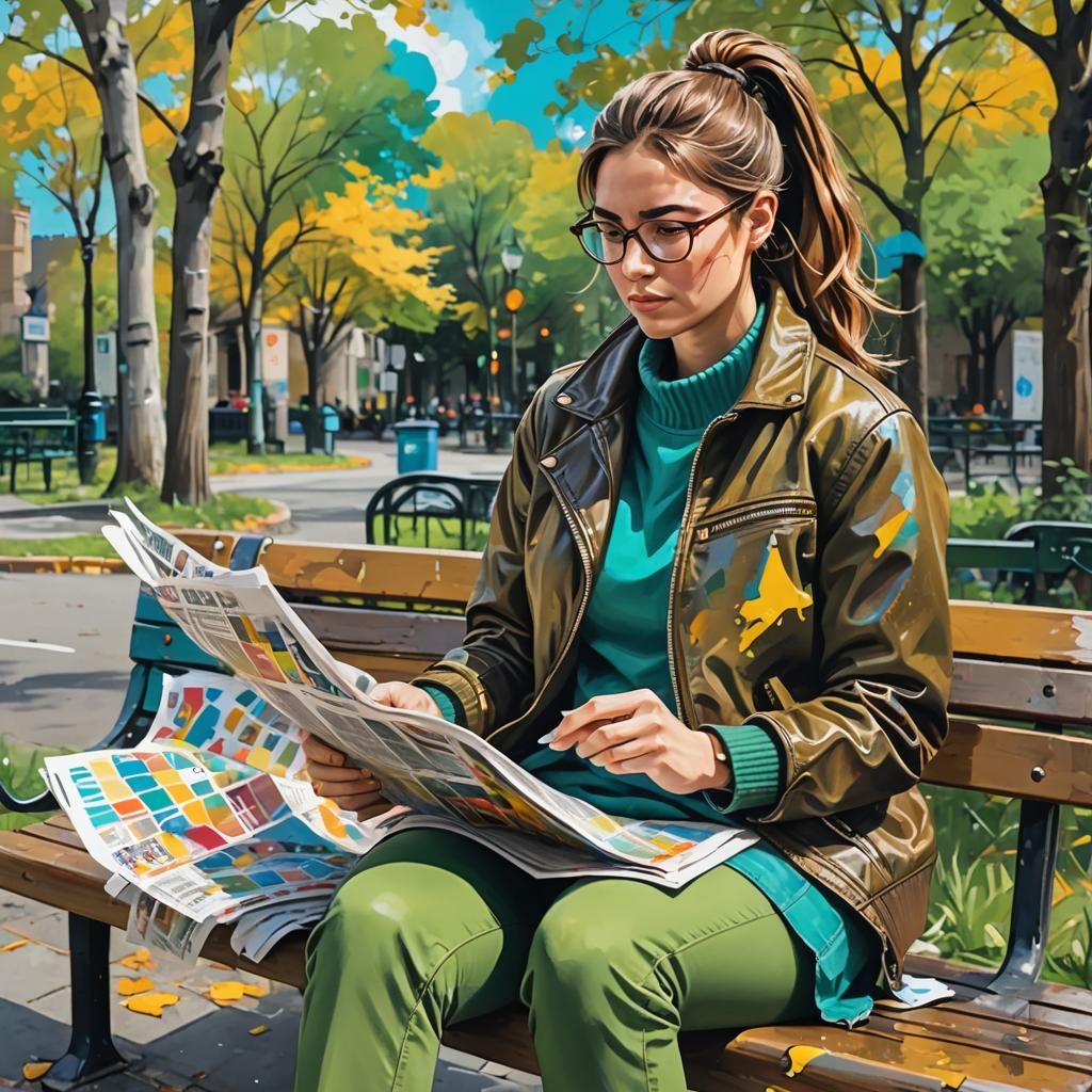 A vibrant painting of a beautiful woman with a ponytail reading a newspaper in a lovely park.