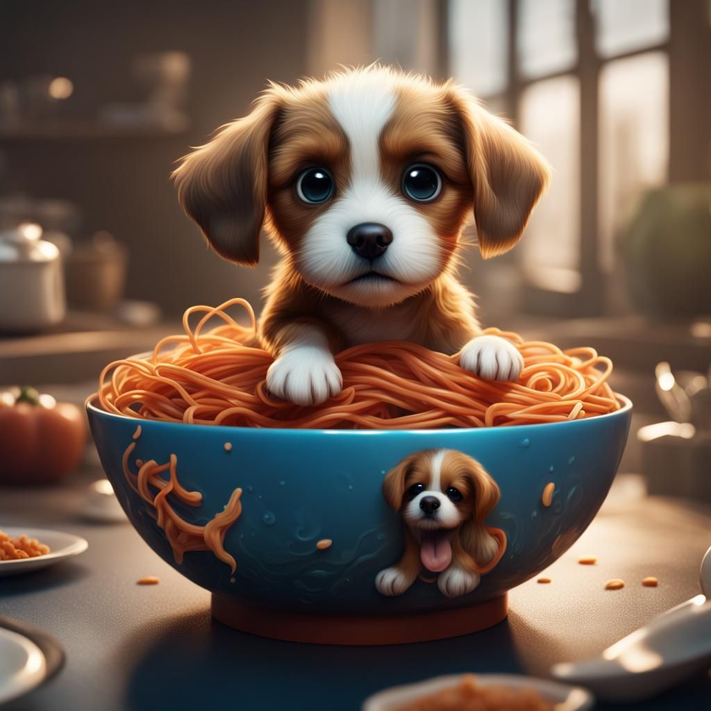 Puppy in Spaghetti Bowl: Detailed Matte Painting