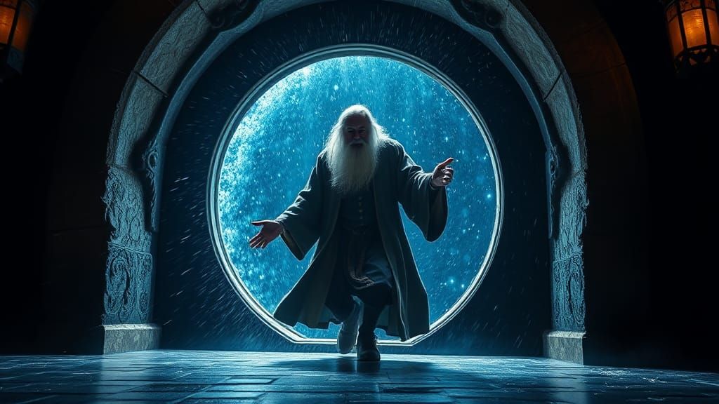 Wizard Emerges from Magical Portal with Dynamic Lighting