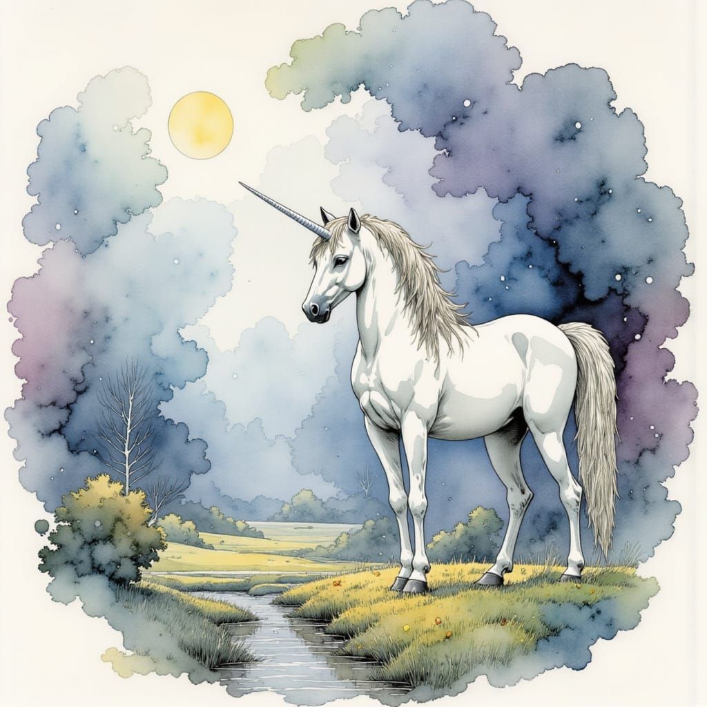 <lora:Nivis:1.0> fantasy scene ::  (Mystical Unicorn in Moon...