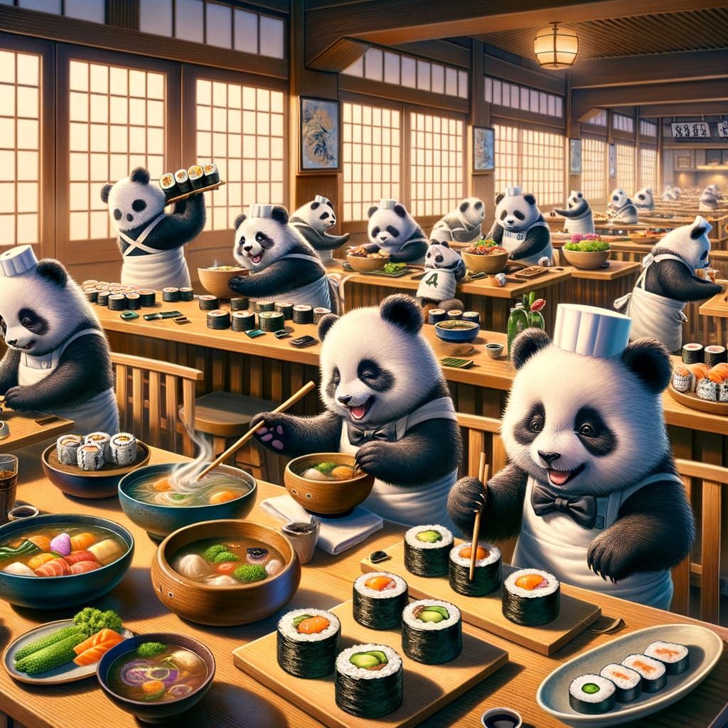 Anime Sushi Restaurant With Tiny Panda Chefs