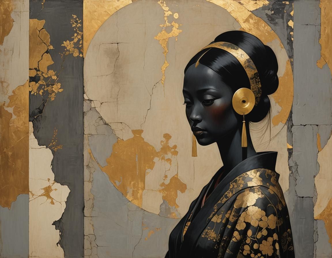 Figure with Gold Kintsugi in Architectural Setting