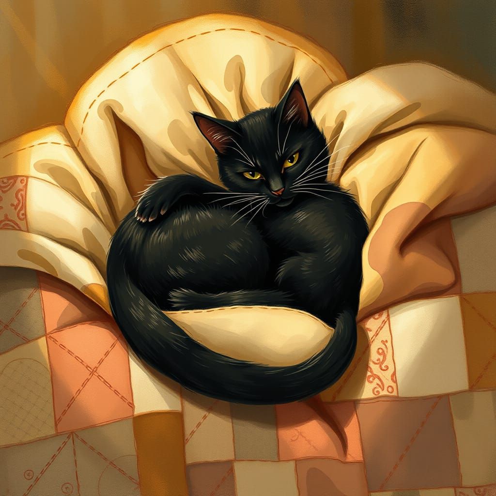 Cozy Black Cat Snuggled in Vintage Patchwork Blanket