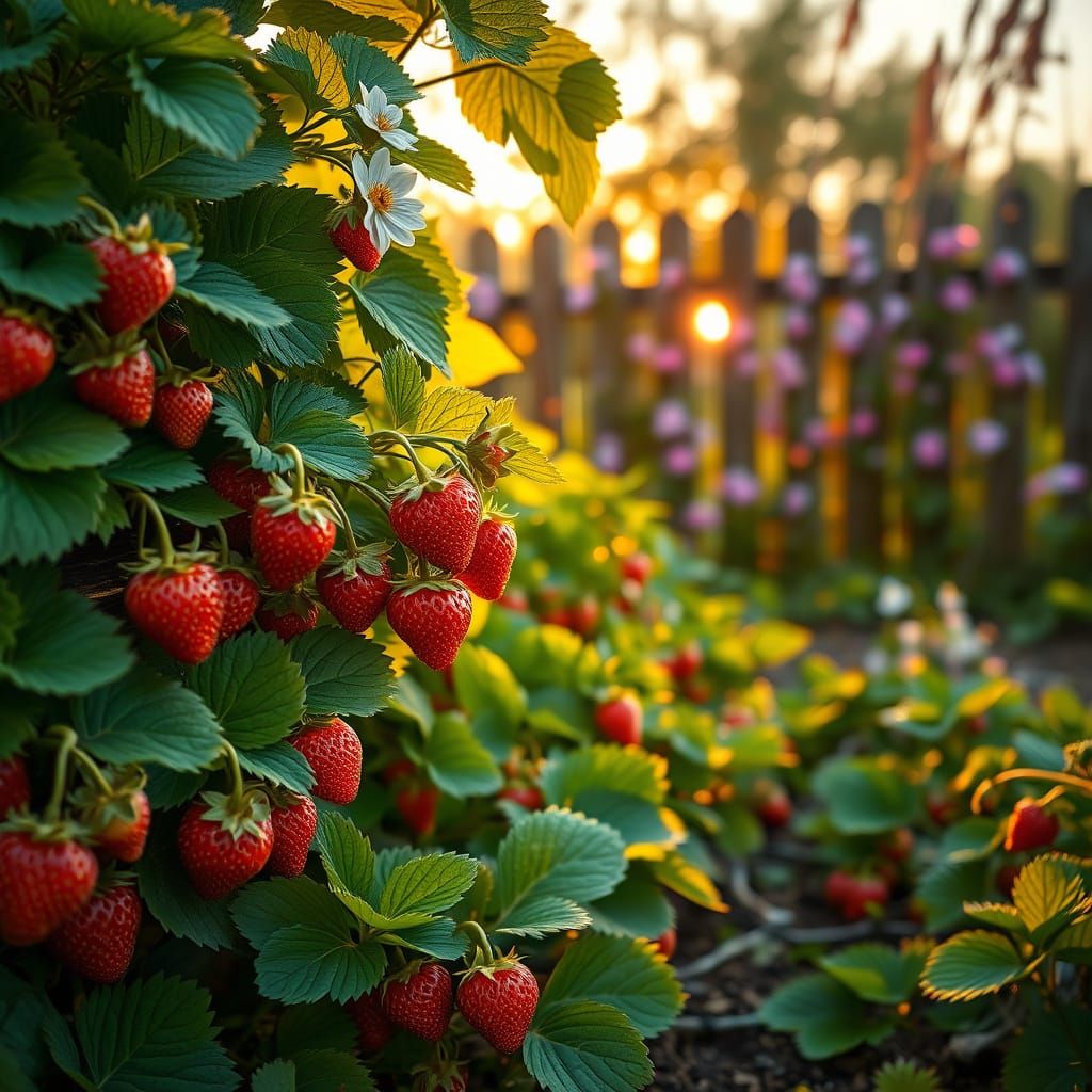 Whimsical Strawberry Garden at Sunset in Impressionist Style