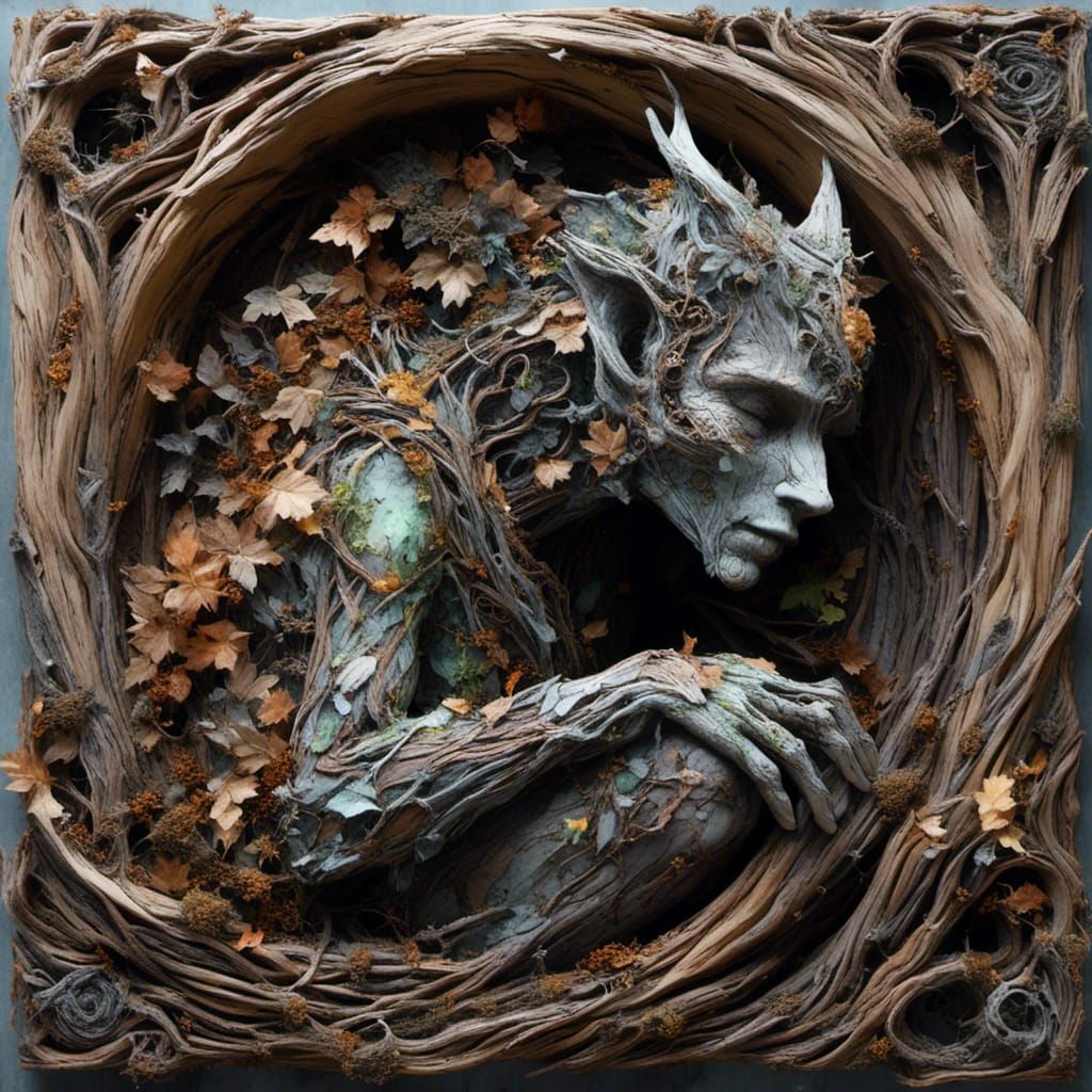Shattered Wooden Gargoyle in Alcohol Ink Style