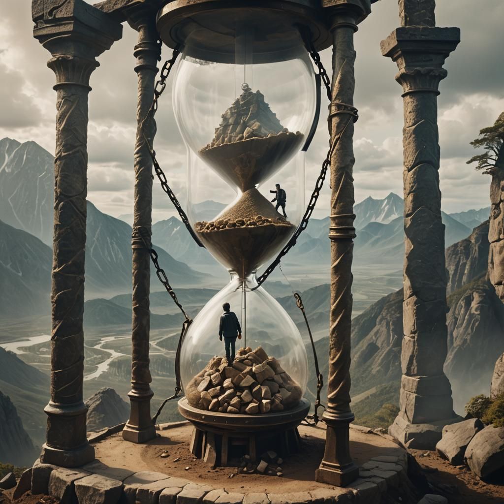 Man Climbs Hourglass in Desert, Cinematic Still