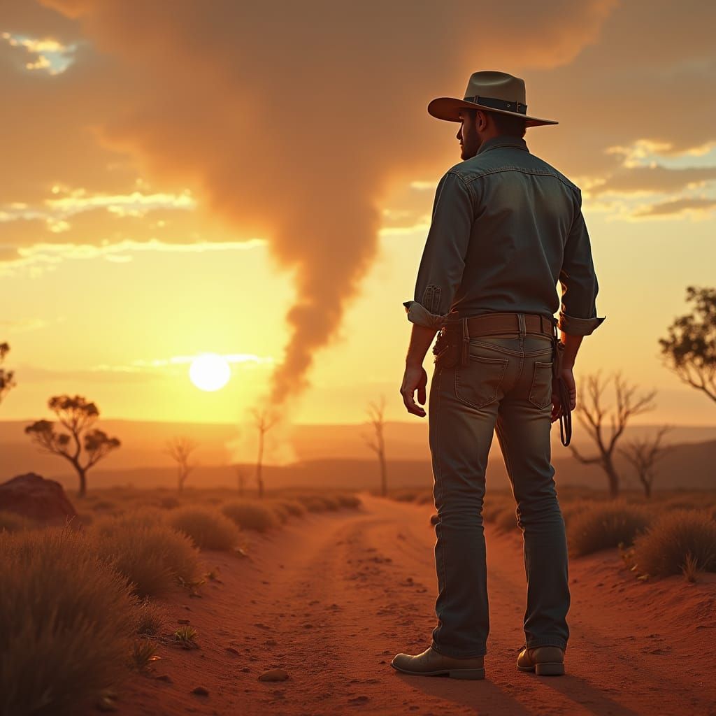 Cowboy Stands Resolute in Australian Outback Sunset