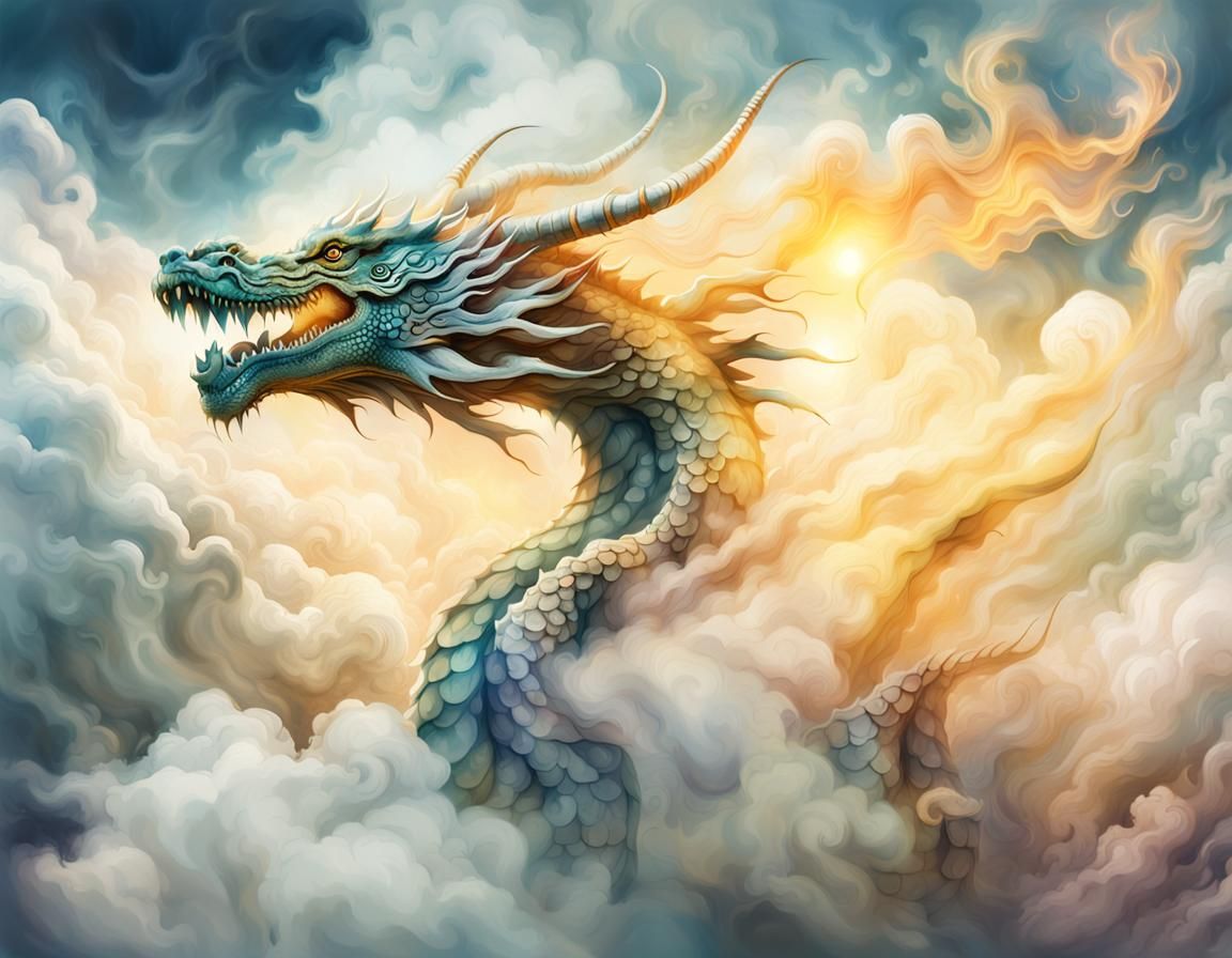Mystical Cloud Dragon in Watercolor Style
