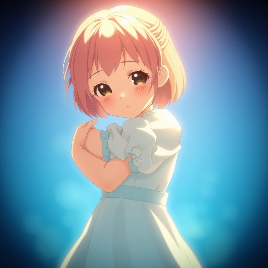 Anime Girl in Intimate Self-Hug with Serene Background