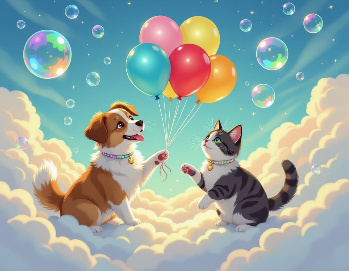 Dog and Cat Chase Rainbow Balloons in Dreamy Style