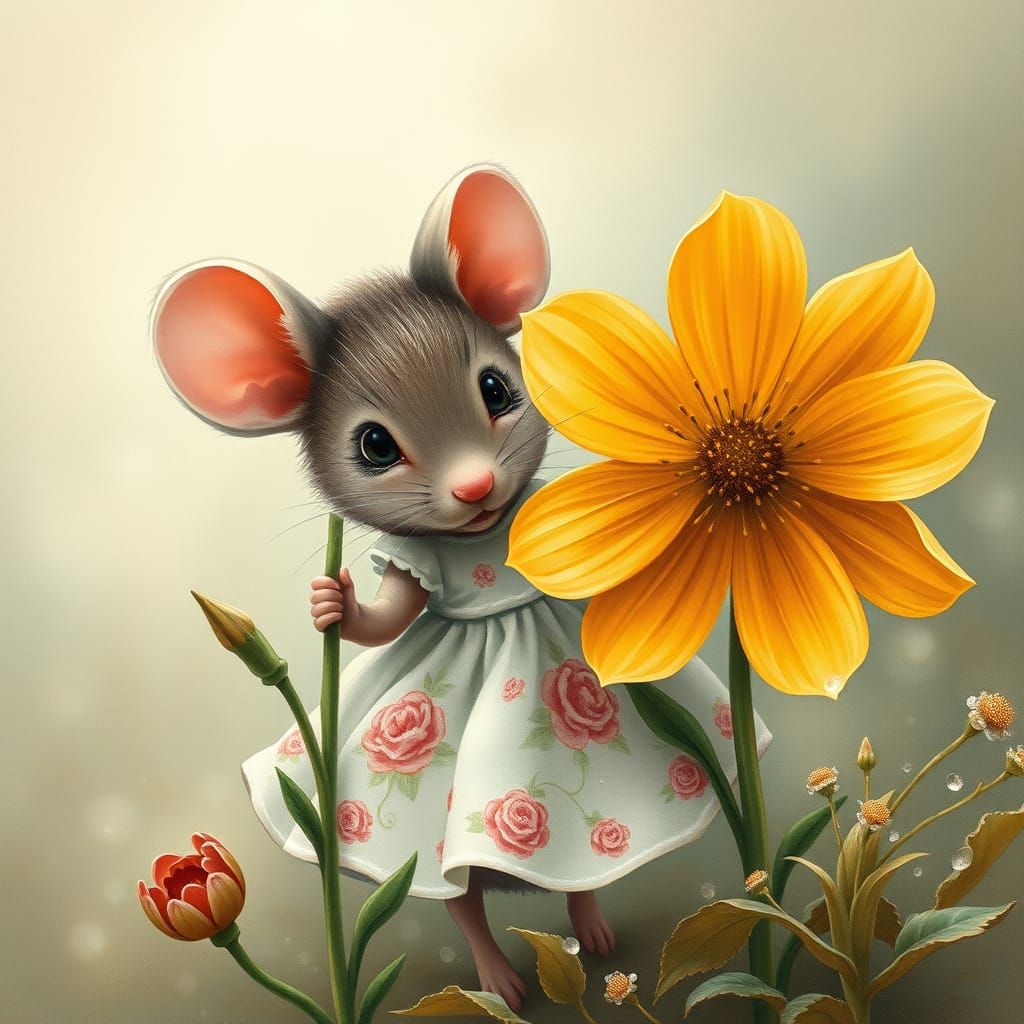 Mouse in Floral Dress on Misty Morning