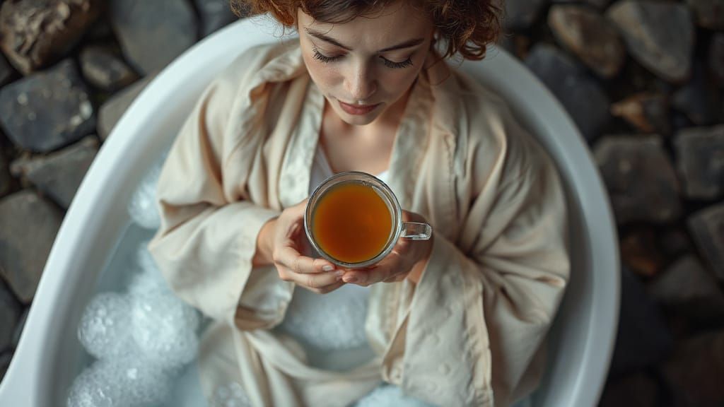 Serene Bubble Bath Scene with Bioluminescent Figure