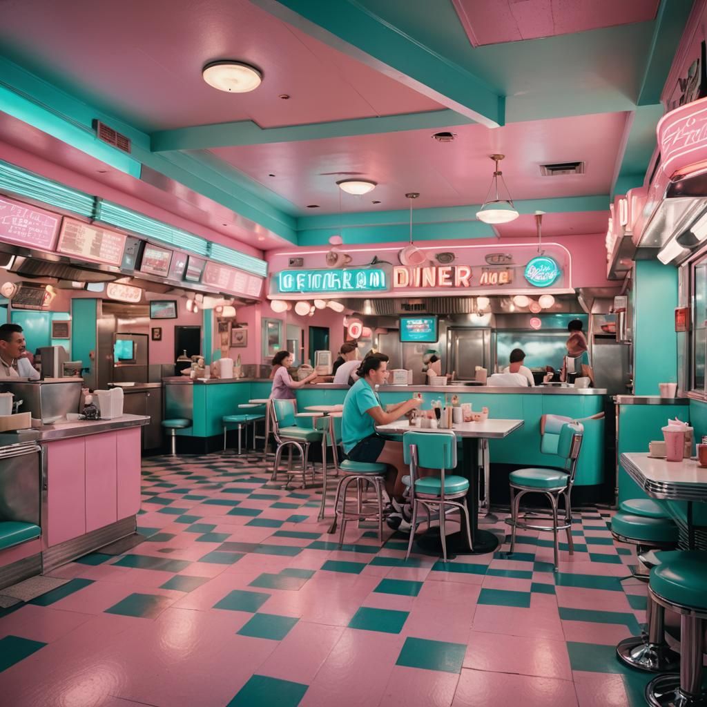 Retro Diner Scene with Neon and Pastel Colors