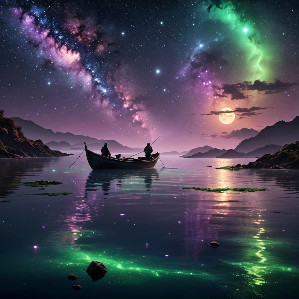 Fisherman at Sea by Lantern Light: Fantasy Concept Art