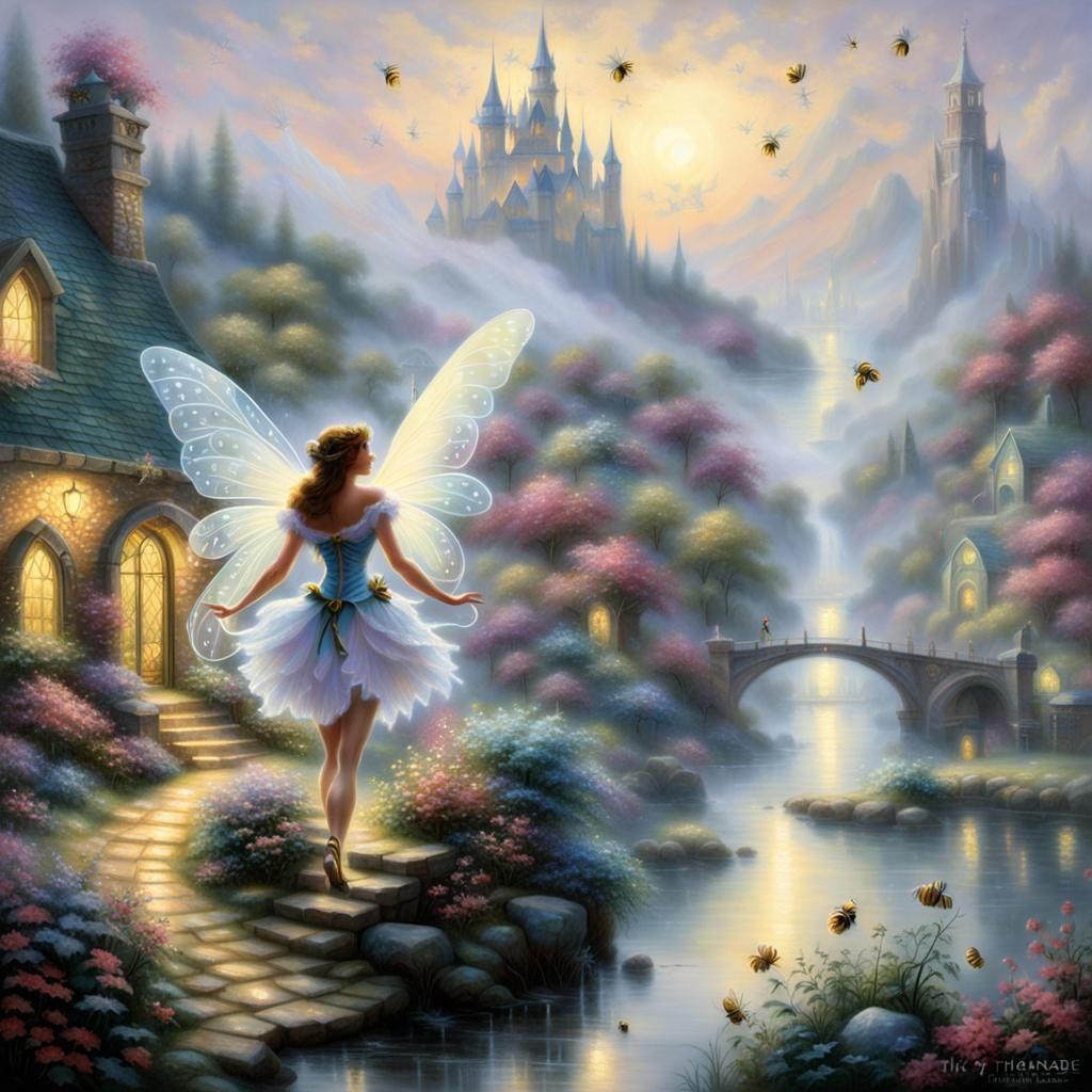 Ethereal Bee-Girl Fairy in Kinkade Style