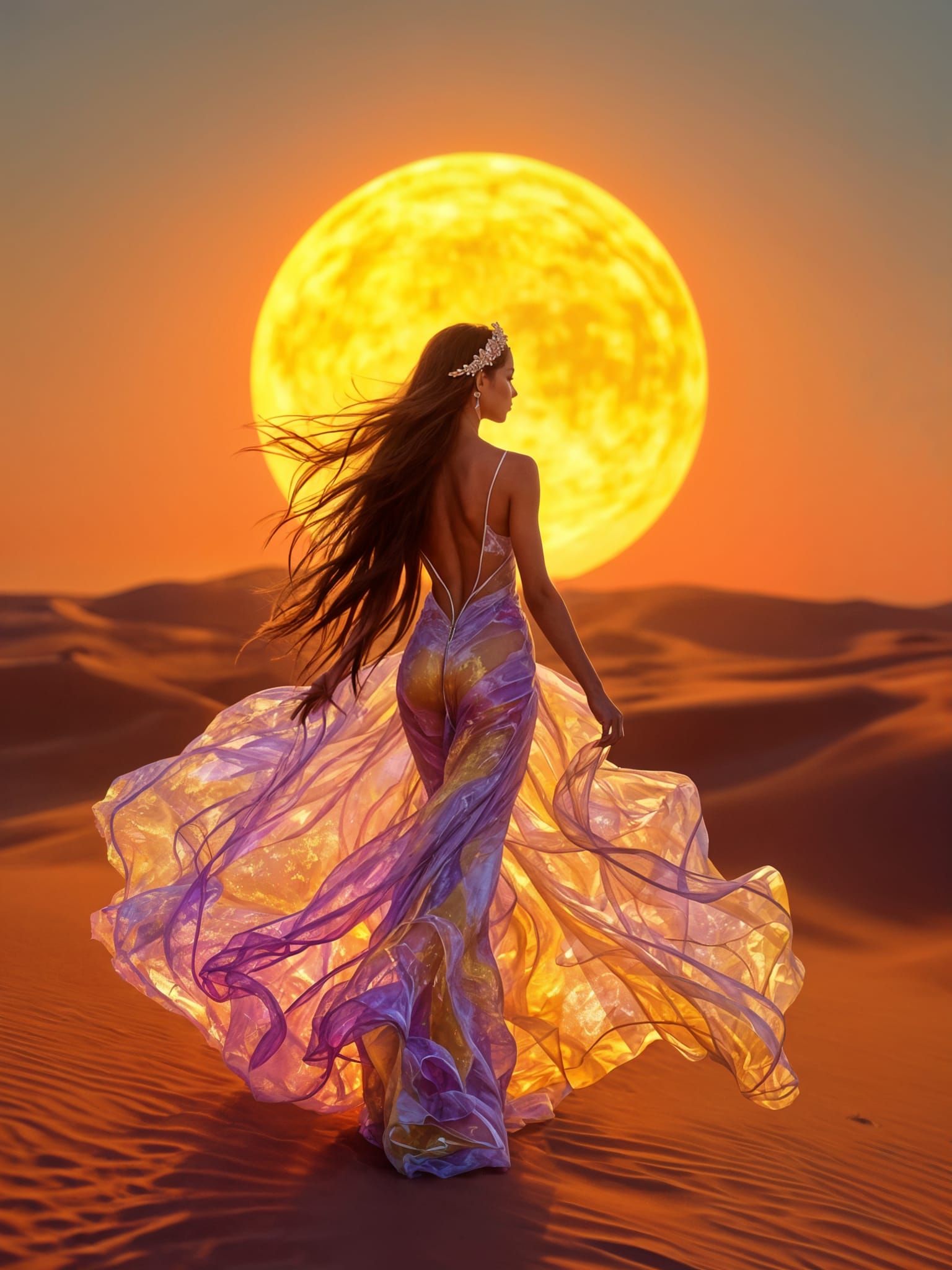 Woman in Flowing Dress on Desert Dune