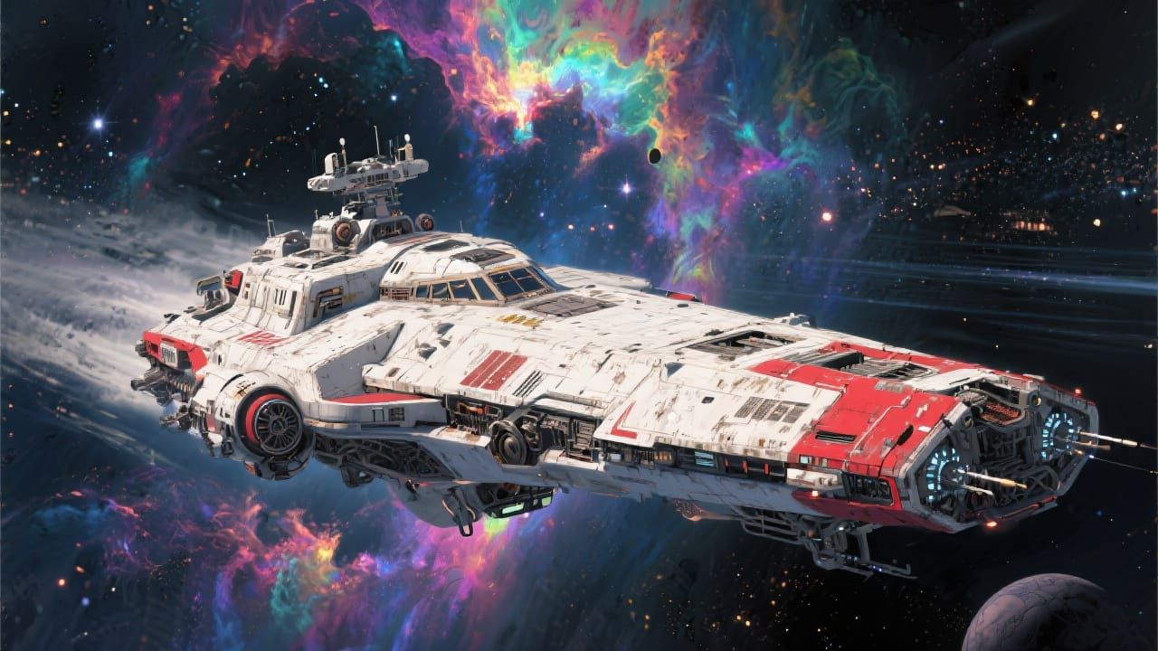 Vintage Space Cruiser Amidst Iridescent Nebulas