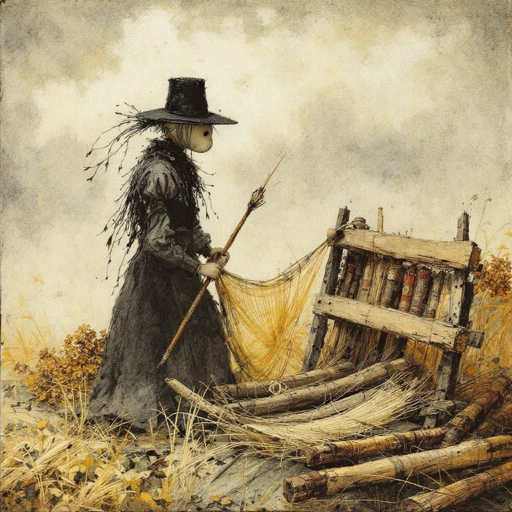 The Weaver in Dark Whimsical Art Style