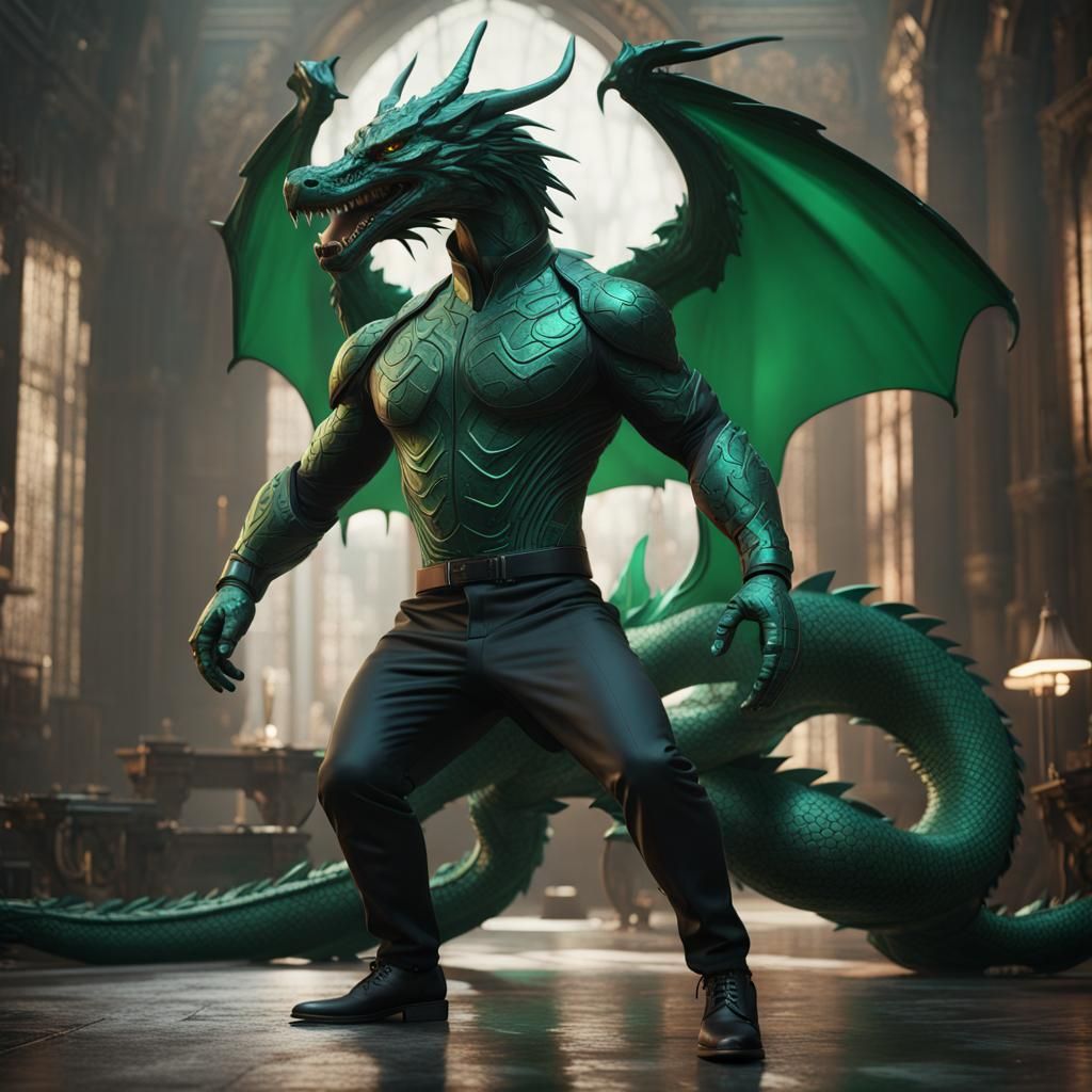 Emerald Dragon in Suit: Detailed Fantasy Art