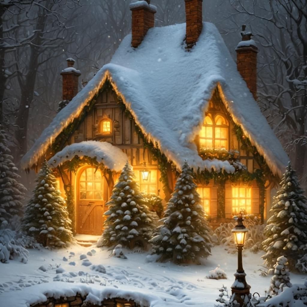 Winter Cottage Garden in Monochromatic Illustration