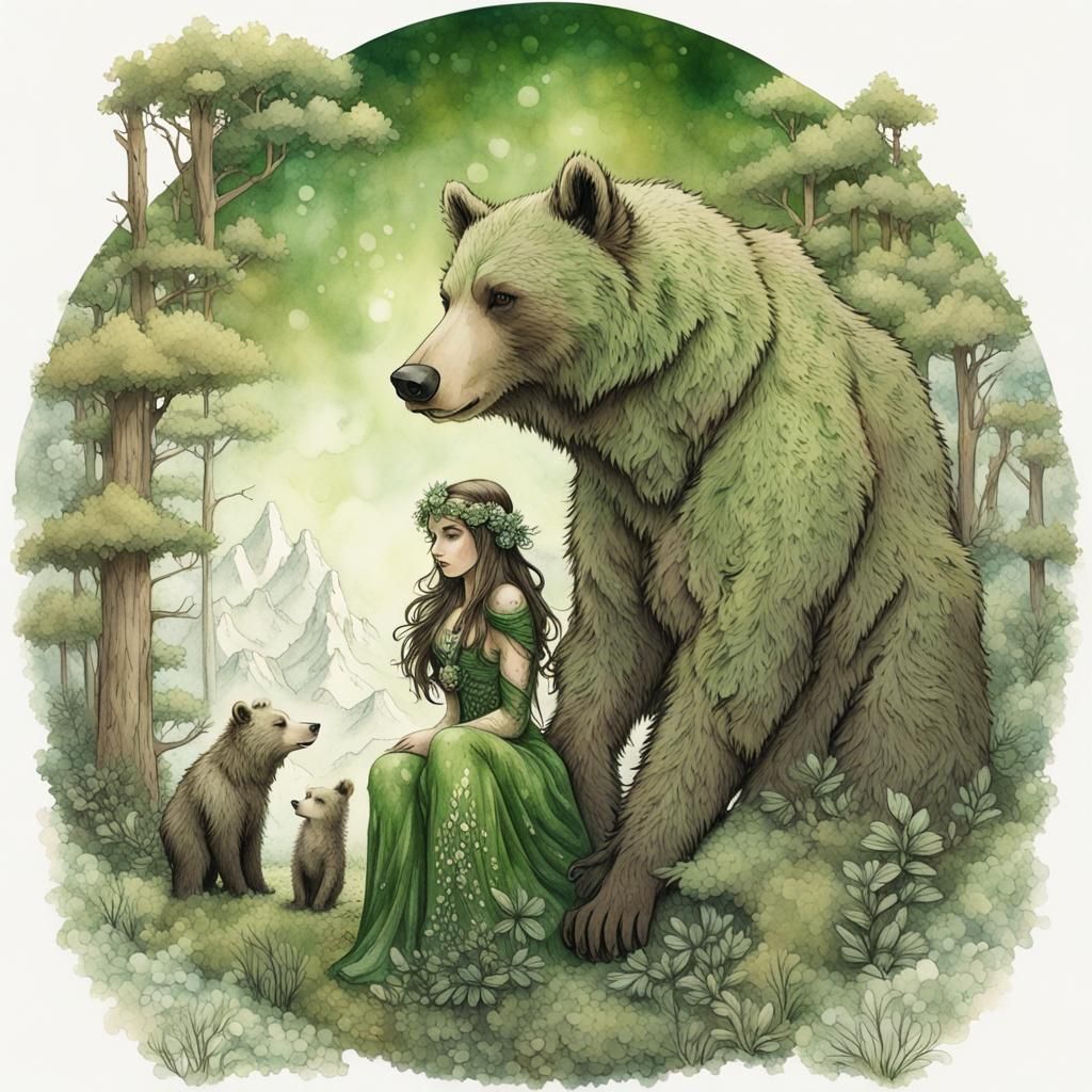 Forest Elf Queen and Grizzly Bear in Ornate Stippled Style