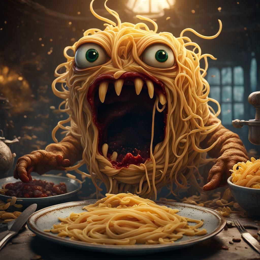 Fantastical Pasta Monster Emerges, Digital Art