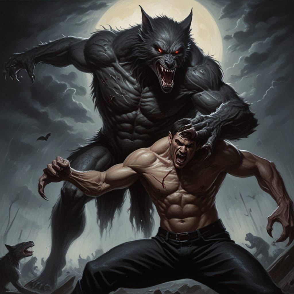 Werewolf and Vampire Battle in Detailed Oil Painting