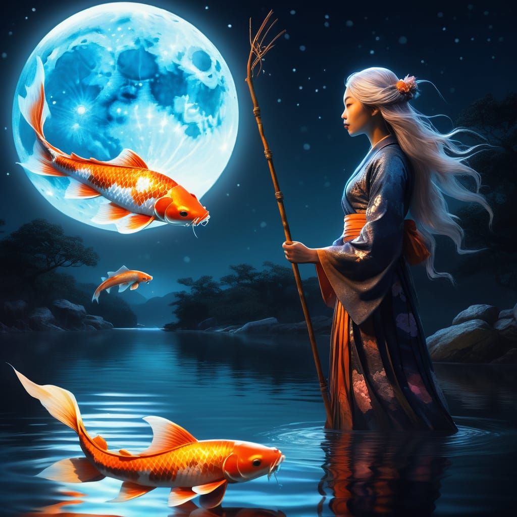 River Witch Summons Glowing Koi: Digital Painting