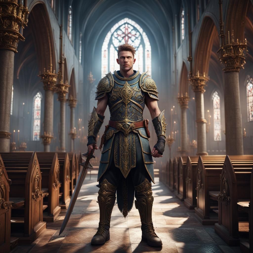 Detailed Matte Painting of Warrior in Church