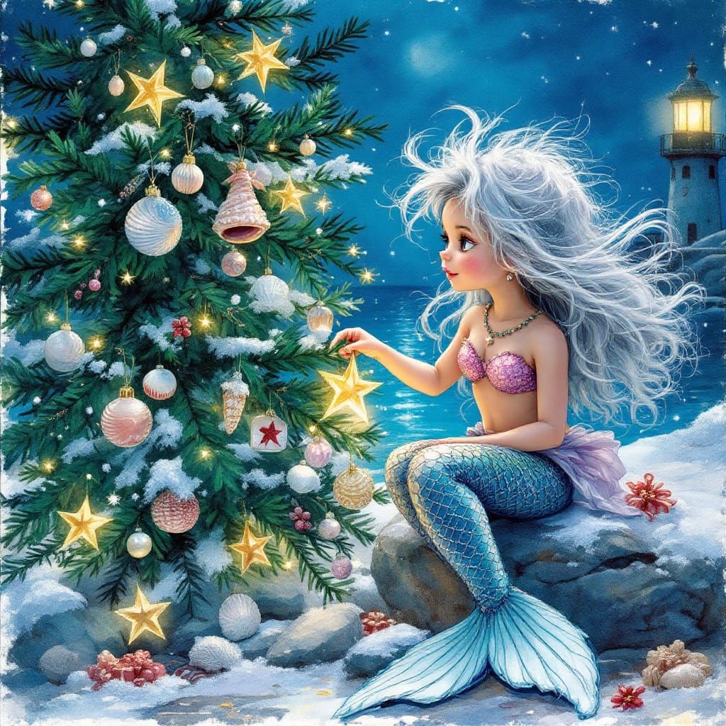 Mermaid Christmas: Impasto Watercolor Scene with Star Orname...