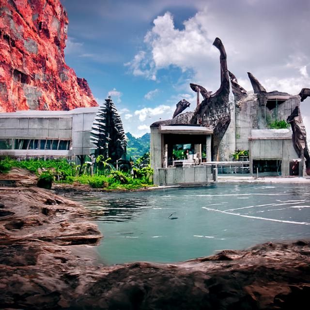 Brutalist Jurassic World Matte Painting