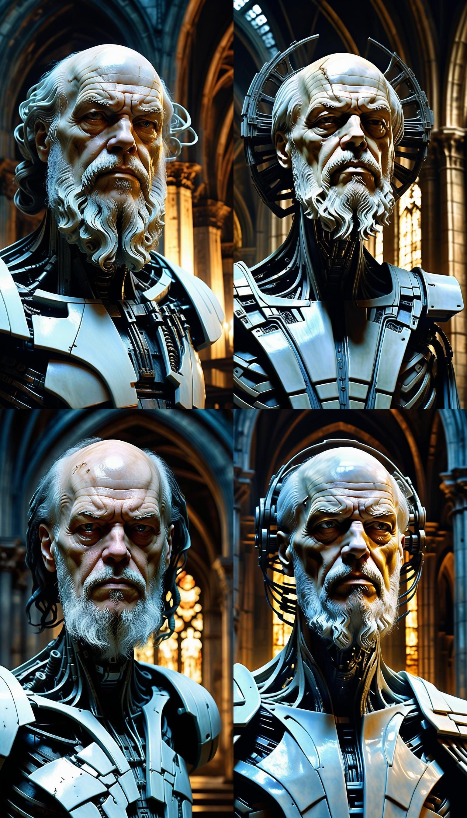 Socrates as a Gothic Cyborg in a Ruined Cathedral