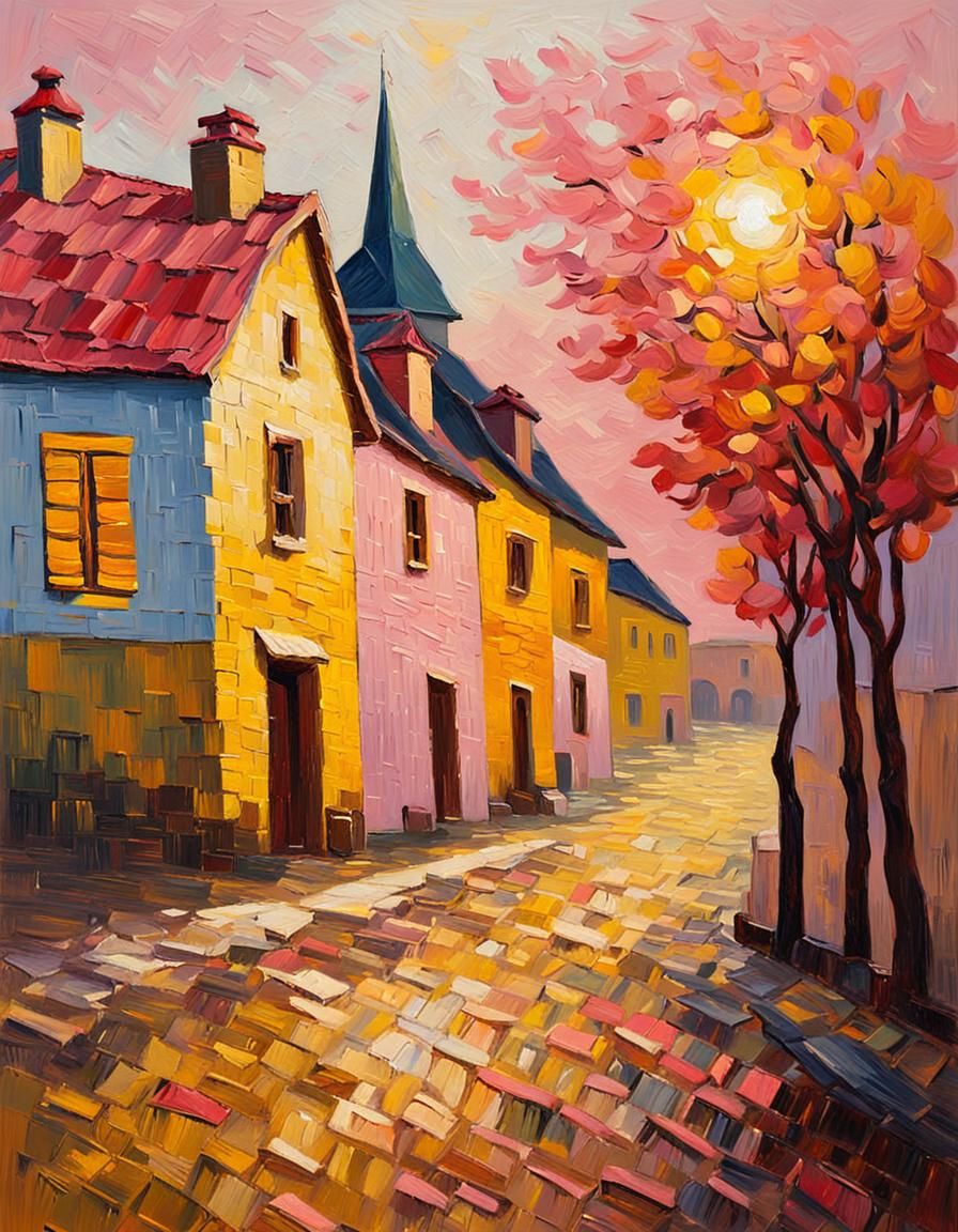 Serene Village Scene as Impasto Oil Painting