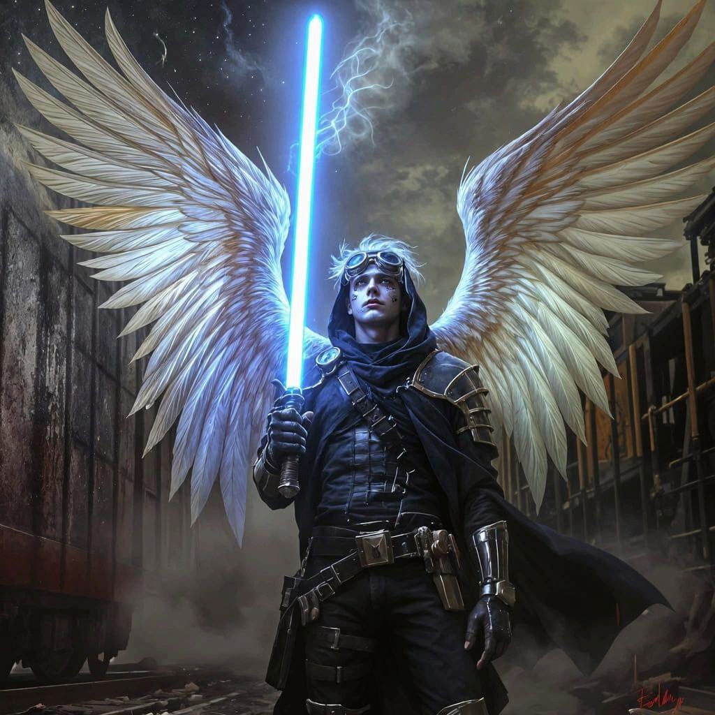 Steampunk Angel with Lightsaber in Trainyard